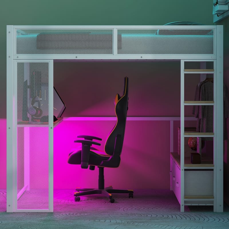 Full Size Metal Gaming Loft Bed with 16-Color LED, Study Desk & 3 Storage Drawers (400lb Capacity)