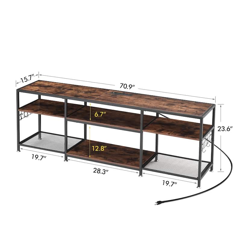 VECELO Wood TV Stand with Charging Station with Metal Frame, Storage Shelves Entertainment Center TV Cabinet