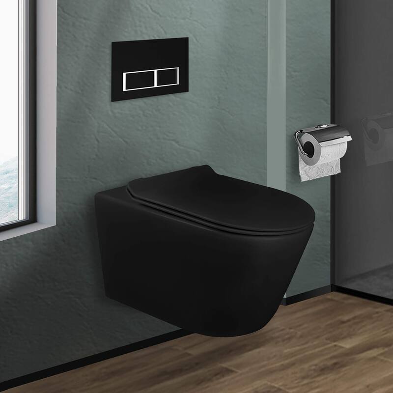 In-Wall toilet Combo Set - Toilet, Tank (2 x 4 Wall), Carrier System - Black Rectangular - Push Plates (Plastic) - Black Bowl