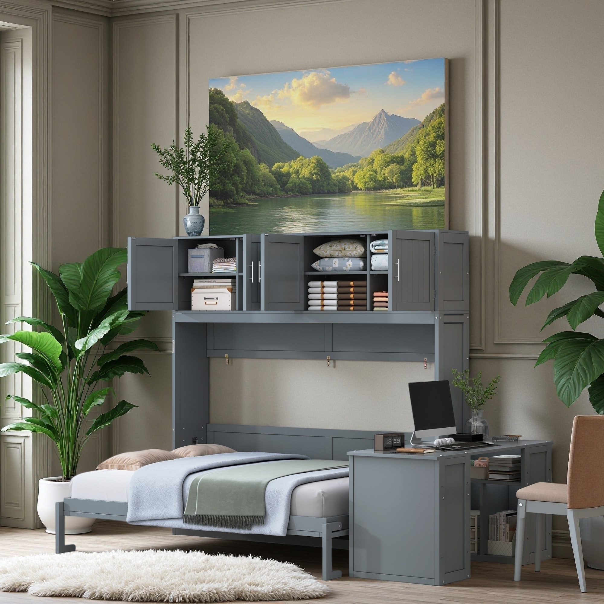 Queen Size Wood Murphy Wall Bed with Desk, Storage Shelves, and Cabinets