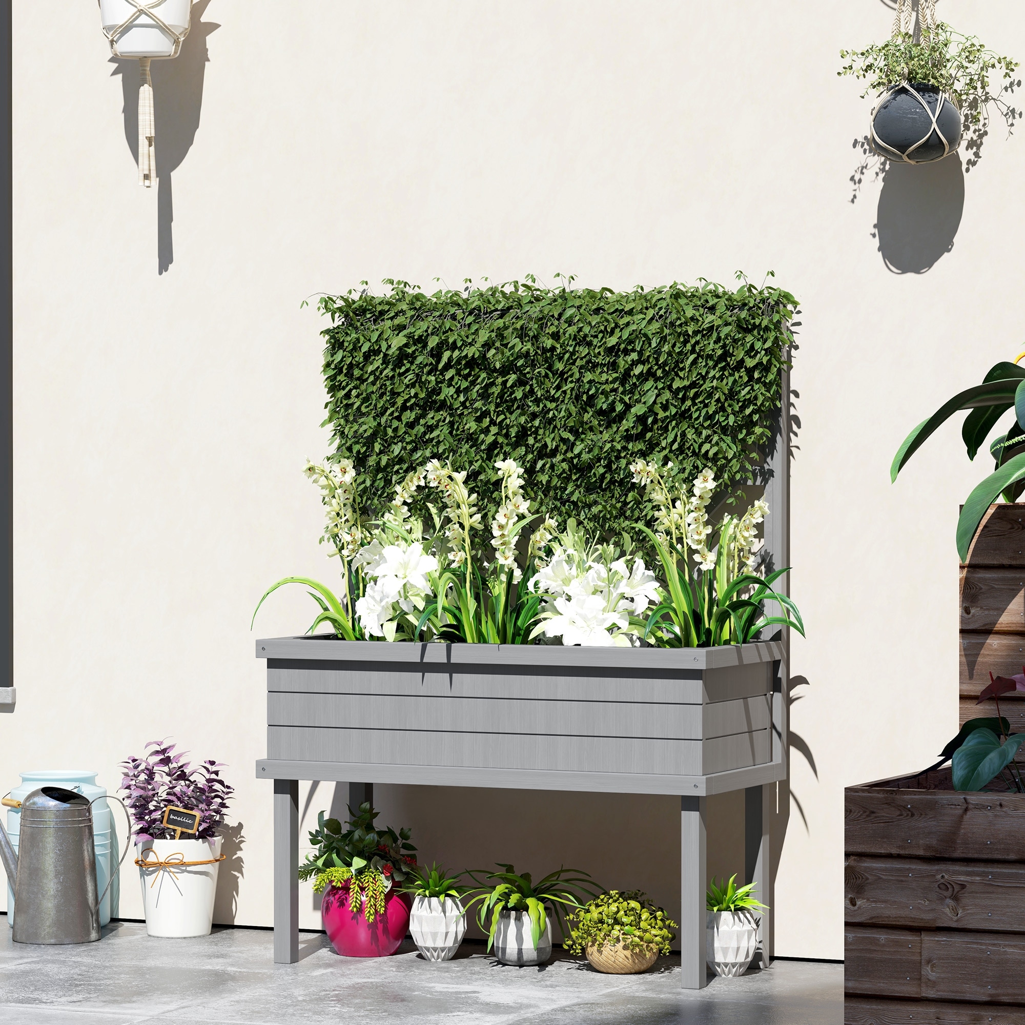Outsunny Raised Garden Bed with Trellis for Climbing Plants, Vegetable, Grape Vines, Flowers, Wood Planter with Legs