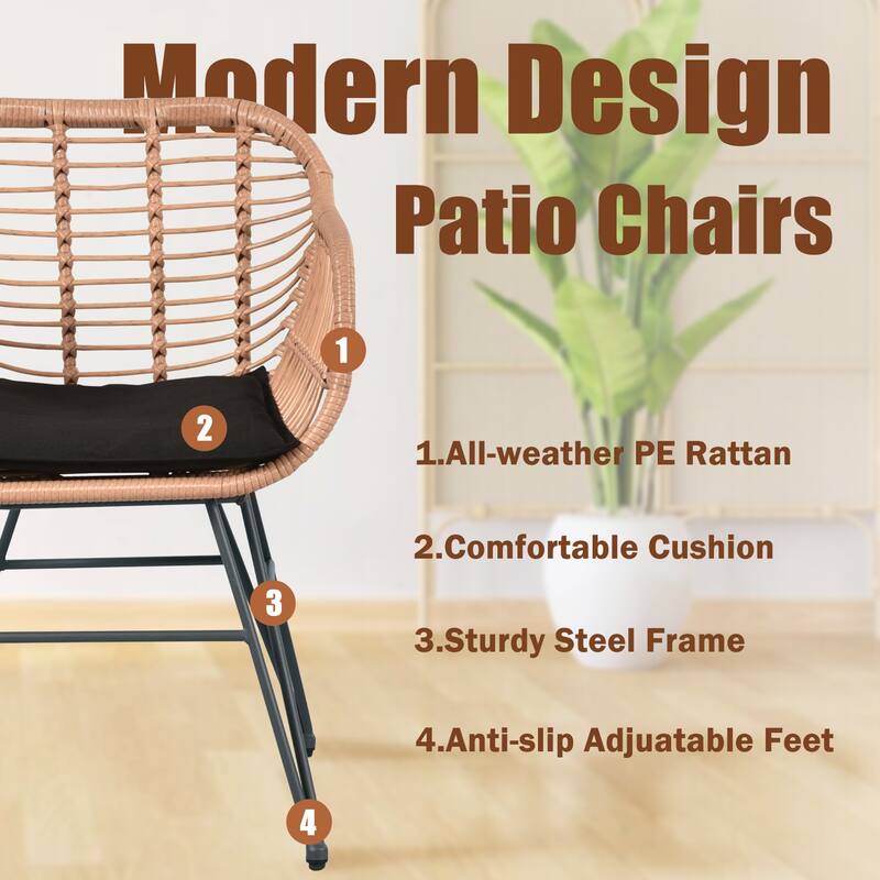 Outdoor Wicker Chairs Conversation Set with Cushions (Set of 3) - 21.26''L x 23.62''W x 31.5''H