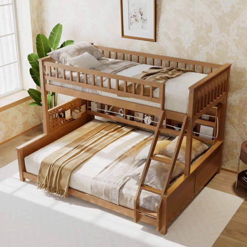 Twin XL over Queen Bunk Bed with Integrated Shelving, Color-Changing Lights and Pegboard