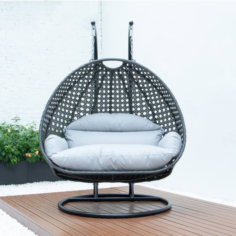 LeisureMod 2-Person Hanging Egg Swing Chair with Metal Stand - Handcrafted Charcoal Wicker, Patio Hammock Lounger with Cushions
