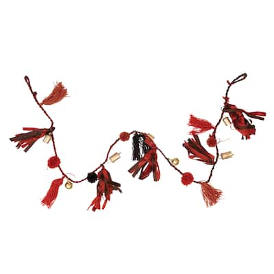 Metal Bells Garland with Pom Poms, Tassels and Fabric - Multi - 72.0"L x 1.0"W x 4.0"H