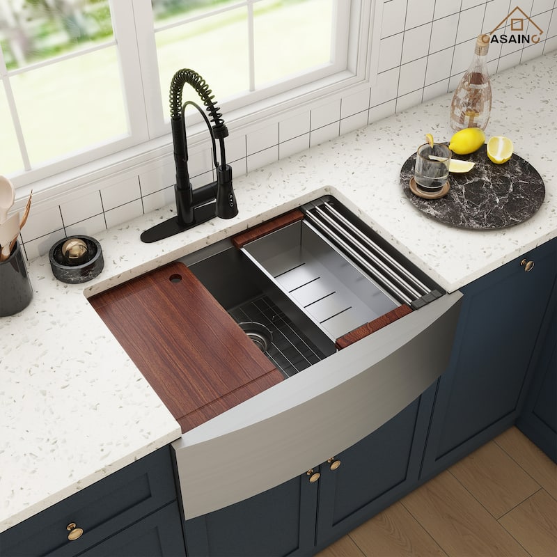 All-in-One Farmhouse/Apron-Front Single Bowl 16 Gauge Stainless Steel Workstation Kitchen Sink with Accessories and Faucet Sets