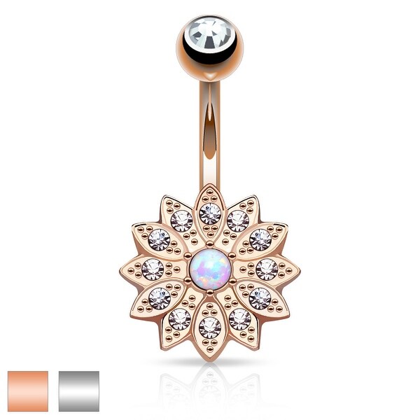 Crystal Pave Petals with Opal Center Small Flower Belly Button Navel Ring - 14GA (Sold Ind.)