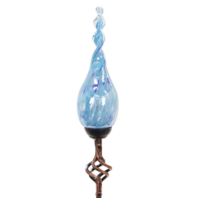 Exhart Solar Pearlized Hand Blown Glass Twisted Flame Garden Stake with Metal Finial Detail, 36 Inch