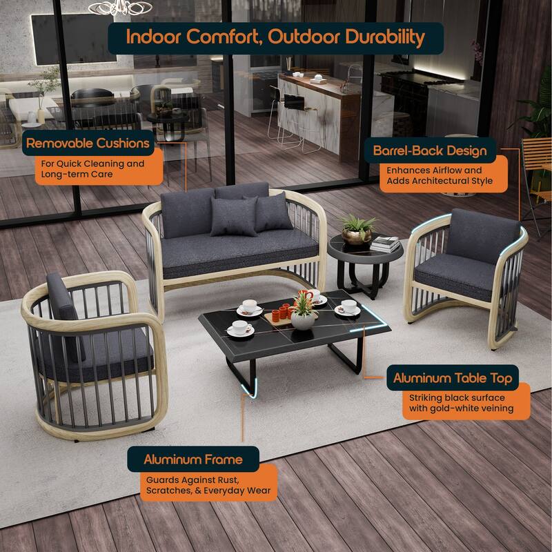 Klyra 5-Piece Outdoor Patio Conversation Set in Aluminum with a Rectangular Coffee Table , End Table and Olefin Fabric Cushions