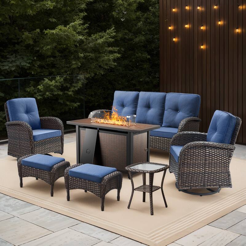 Gymojoy 7-Piece Outdoor Wicker Set with Fire Pit, 3-Seater Sofa, Swivel Chairs & Ottomans