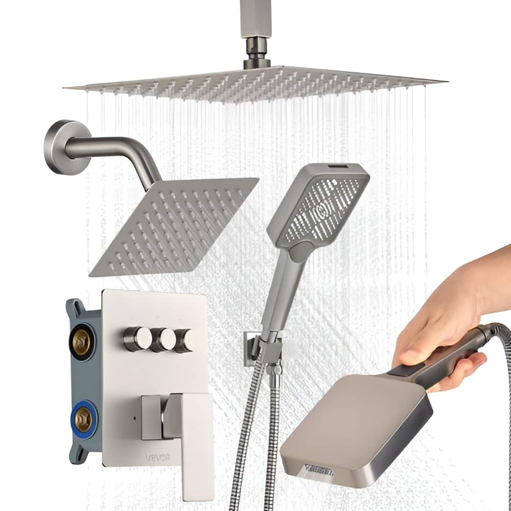 Brushed Nickel Rainfall Shower System with 3-Function Handheld and Overhead Adjustable Spray - Brushed Nickel