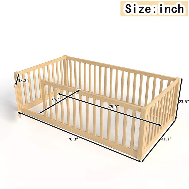 Montessori Floor Bed with Safety Guardrails & Door, Kids Low Profile Frame, Available in Queen/Full/Twin