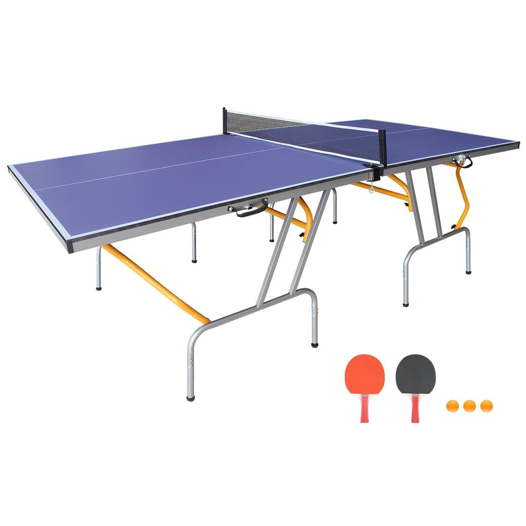 Roomfitters 8ft Ping Pong Table for Indoor Games, Foldable & Portable Table Tennis Set with Net, 2 Bats and 3 Balls, Blue