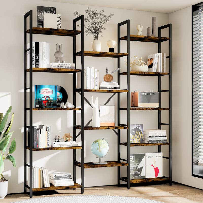 Industrial Style 5-Tier Bookshelf - Storage Shelf for Living Room, Home Office - Brown/Black