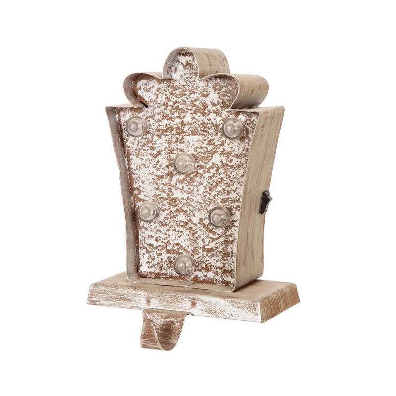 Glitzhome 7.5" H Christmas Silver LED Gift Box Heavy Duty Stocking Holders Mantel Ornament