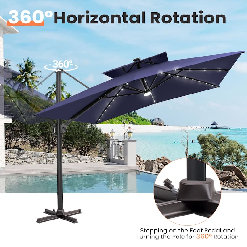12 x 9 FT Outdoor Patio Aluminum Cantilever Umbrella with Solar Lights Double Canopy with Base