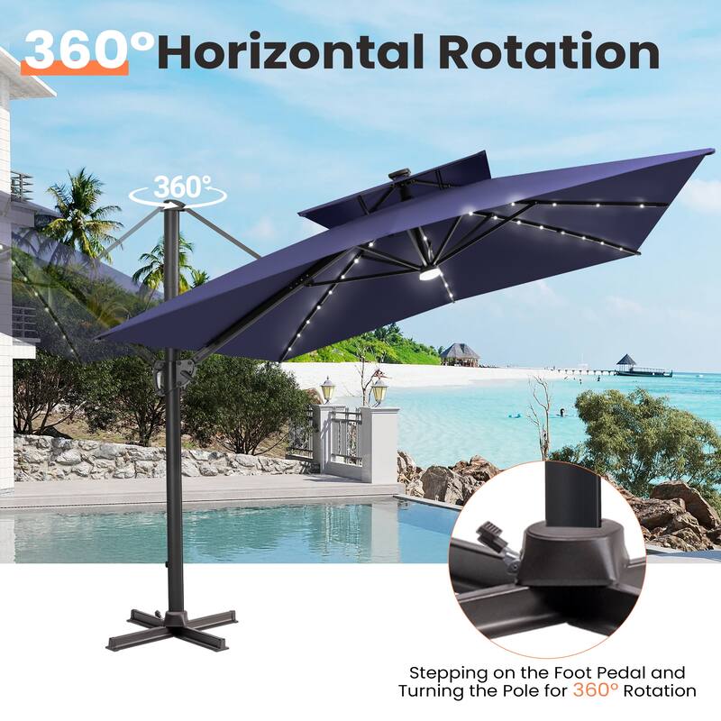 12 x 9 FT Outdoor Patio Cantilever Umbrella with Solar Lights Double Canopy 360 Rotation Tilt with Wheel Base
