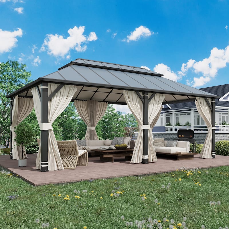 EROMMY Hardtop Gazebo, Waterproof Aluminum Pavilion with Netting & Curtains for Patio, Garden - 12'x20' - Dusty Blue