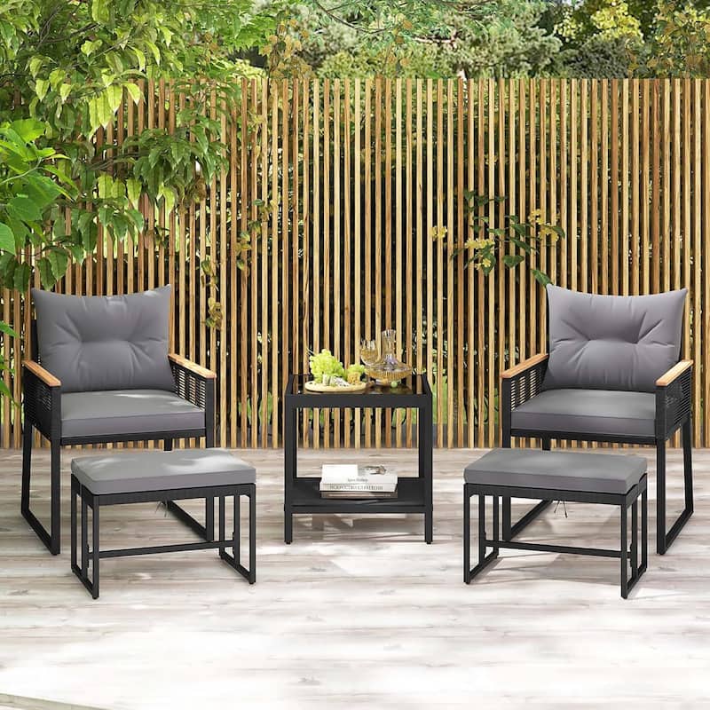 5 PCS Patio Conversation Set PE Rattan Wicker Chairs w/ Cushions