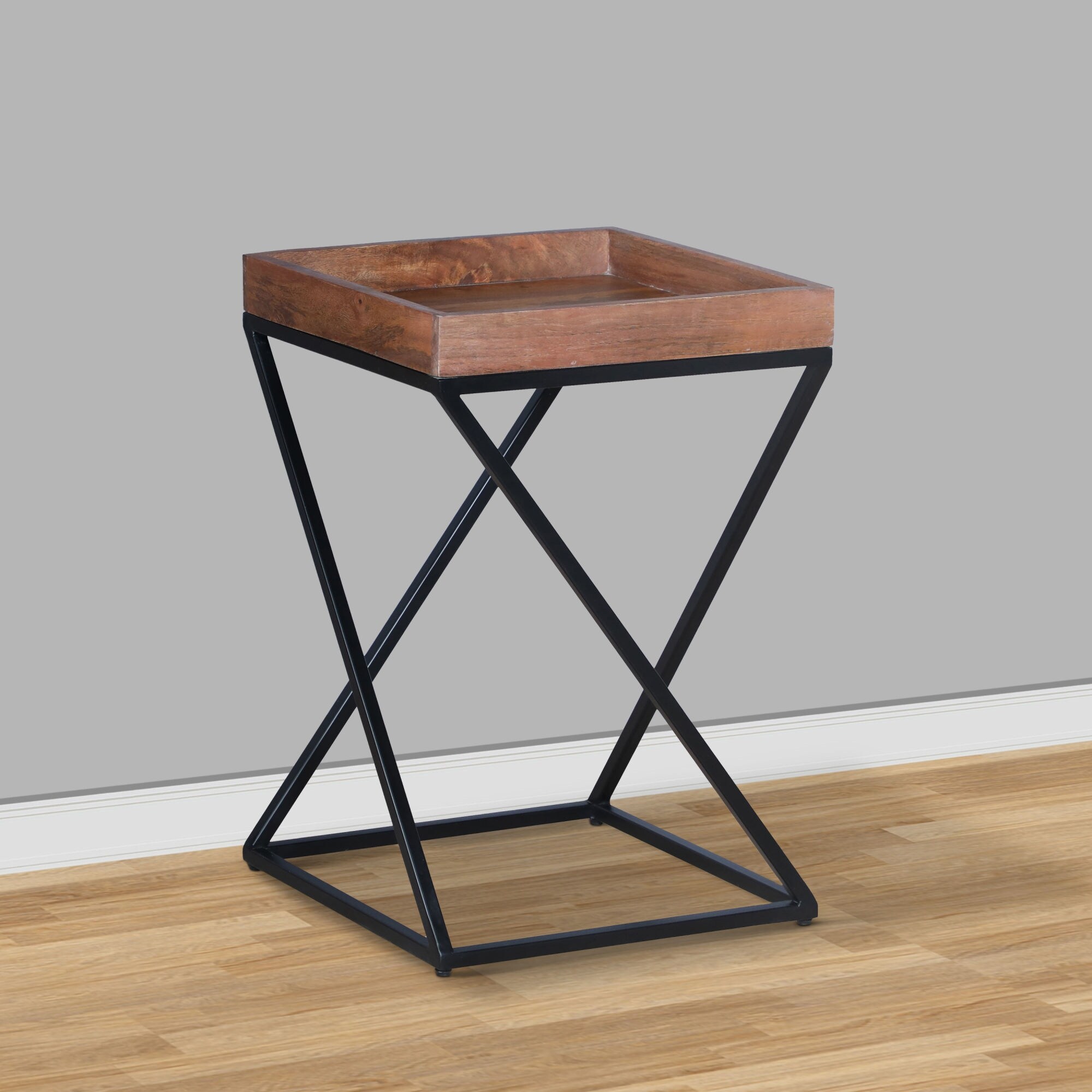 Industrial End Side Table with Mango Wood Tray Top, X Shape Frame 