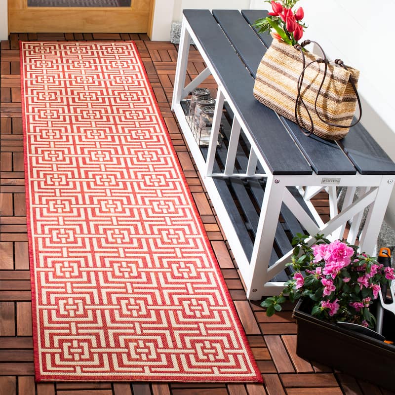 SAFAVIEH Beach House Eliverta Indoor/ Outdoor Waterproof Patio Backyard Rug - 2'2" x 12' Runner - Red/Creme