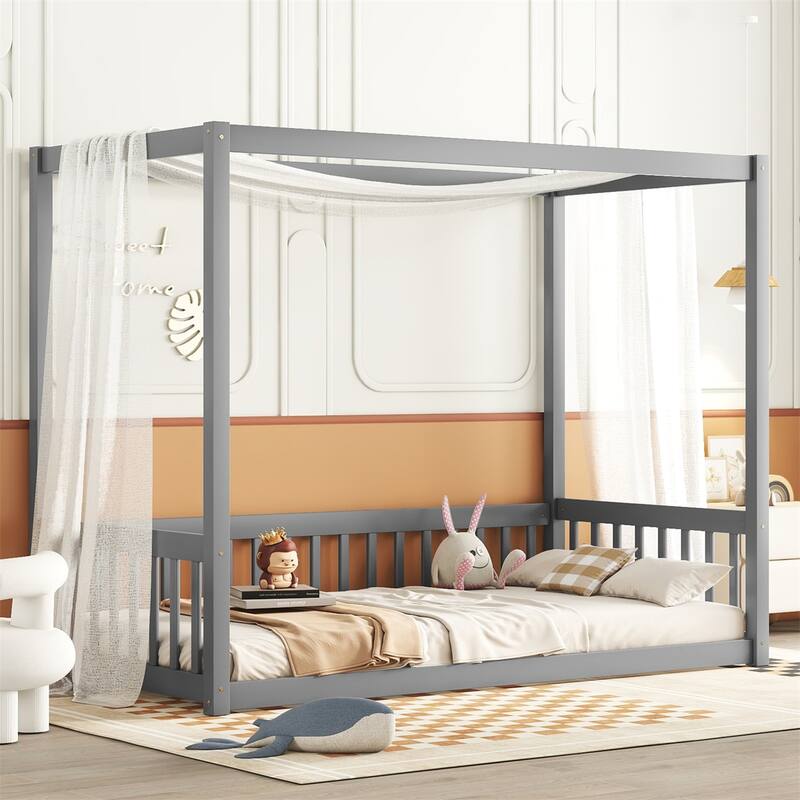 Twin Size Canopy Frame Floor Bed with Fence,Guardrails - Grey