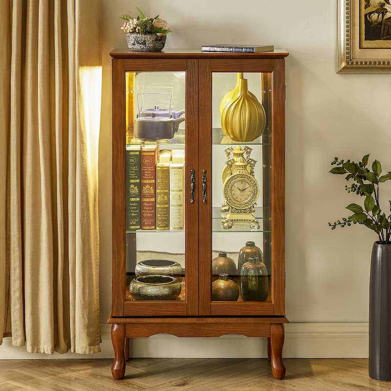 Lighted Curio Display Cabinet with Adjustable Shelves and Mirrored Back Panel - Dark Oak