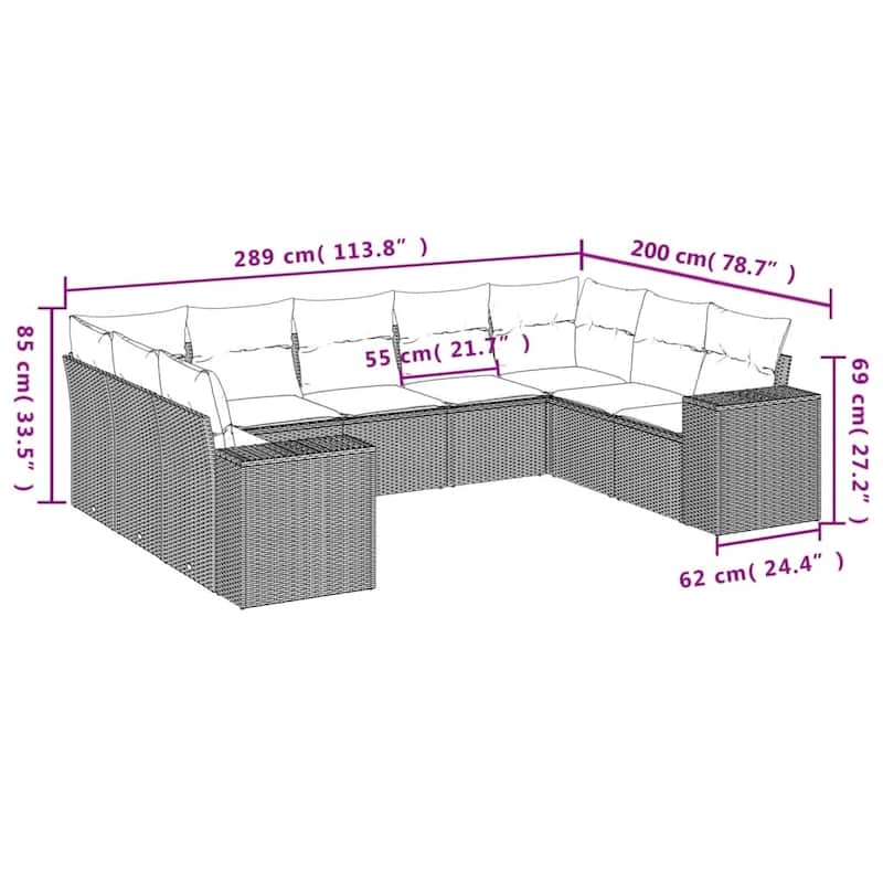 vidaXL 9/10 Piece Patio Sofa Set with Cushions Black/Brown/Gray Poly Rattan - 24.4 x 24.4 x 27.2