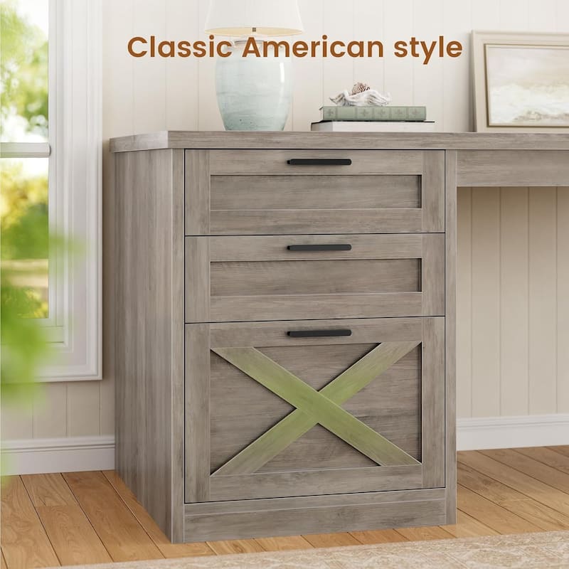 Farmhouse Executive L Shaped Desk Home Office Desk with Drawers and Storage Cabinet & Power Outlet