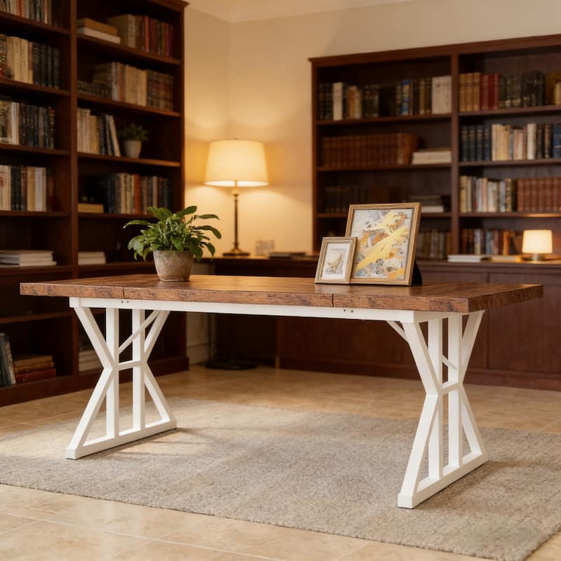 Dining Table for 6, Wood Kitchen Table with Trestle Base, Kitchen Table Meeting Table with X-shaped Accents