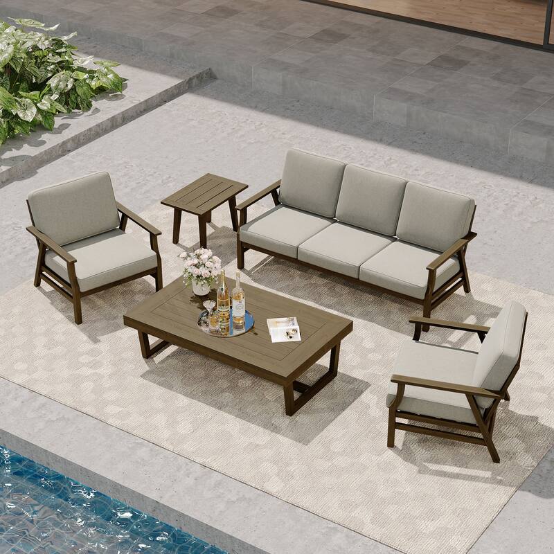 Modern Wood Cushioned Outdoor Patio Sofa Loveseat with Coffee Table