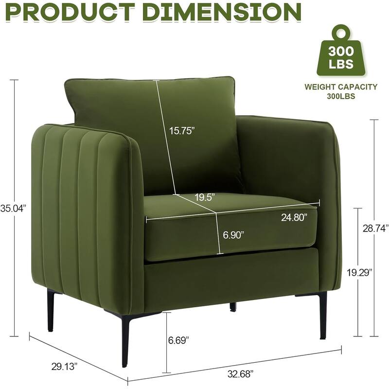 Modern Velvet Lounge Chair with Plush Cushions Sturdy Metal Frame and Removable Pillows - 32.68" x 29.13" x 35.04"