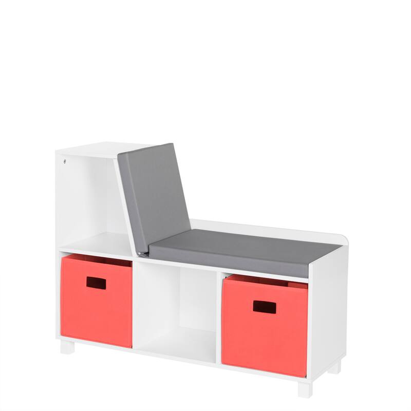 RiverRidge Kids Reading Nook Cushioned Toy Storage Bench with Cubby Organizers with Optional Fabric Bins- White