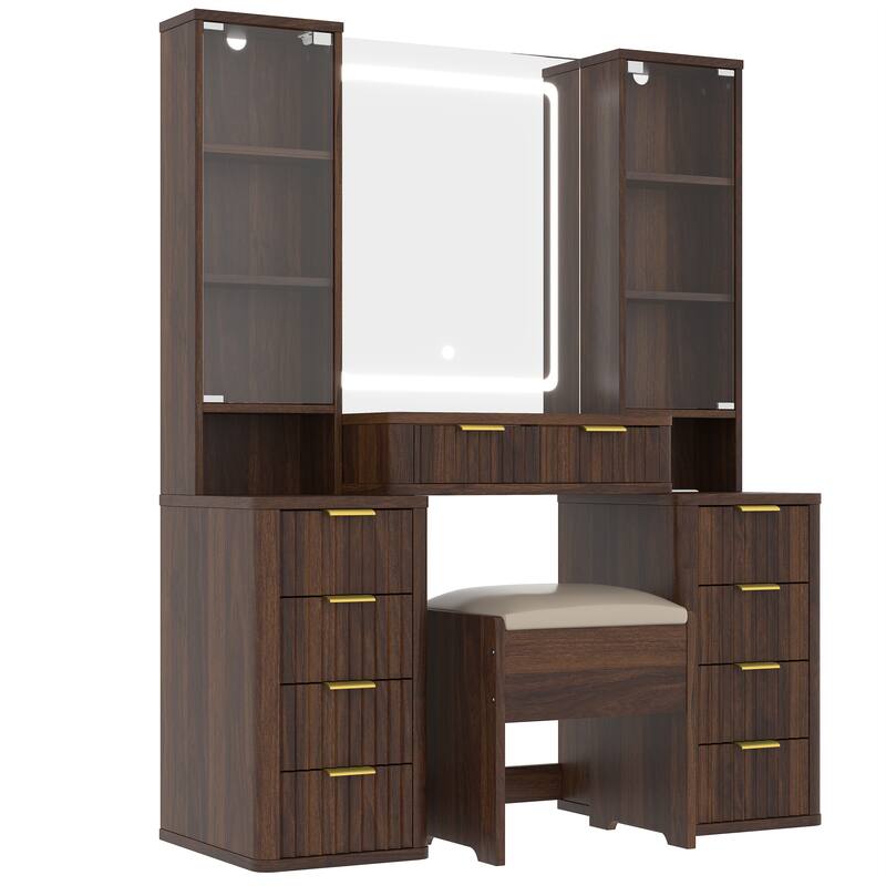 43.5-Inch Fluted Makeup Vanity Desk with Mirror & Lights, Modern Glass Top Table with 10 Drawers & Stool
