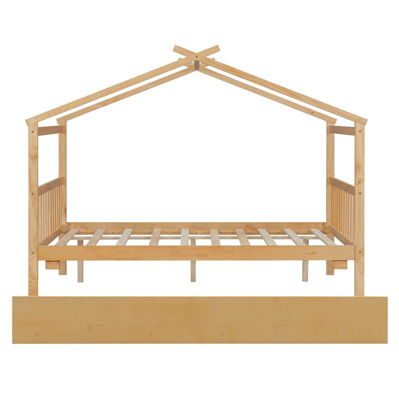 Full Size Wooden House-Shaped Bed With Twin Size Trundle