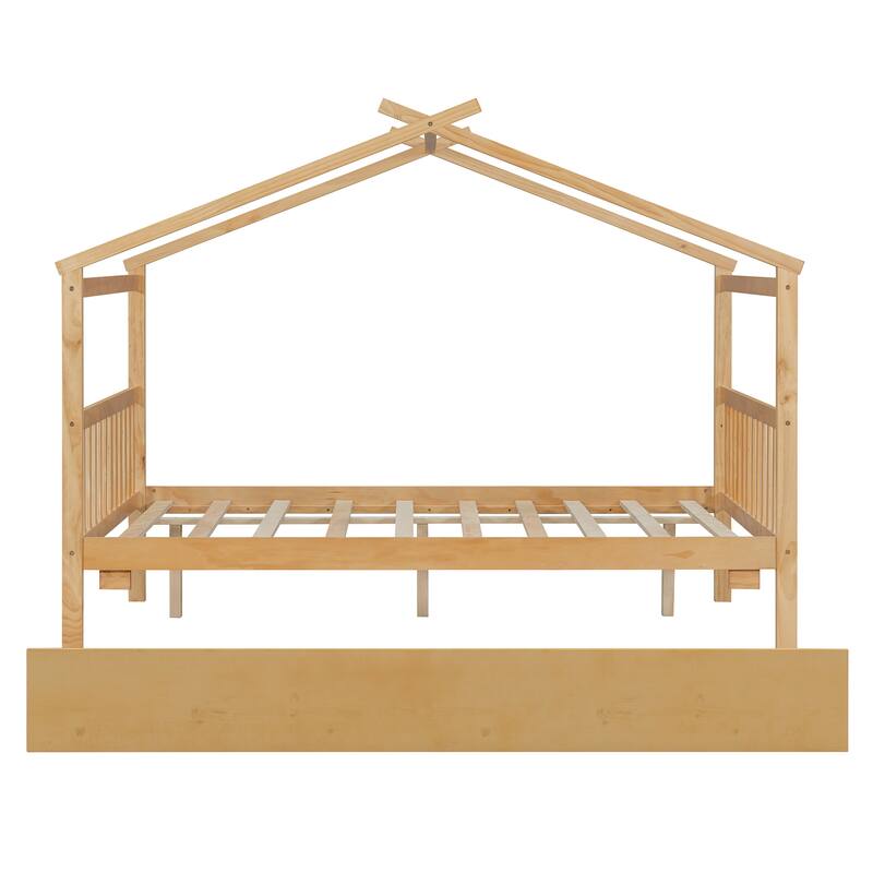 Roomfitters Full Size Wooden House Bed with Trundle, Solid Pine Frame, Space-Saving Platform Bed, Natural