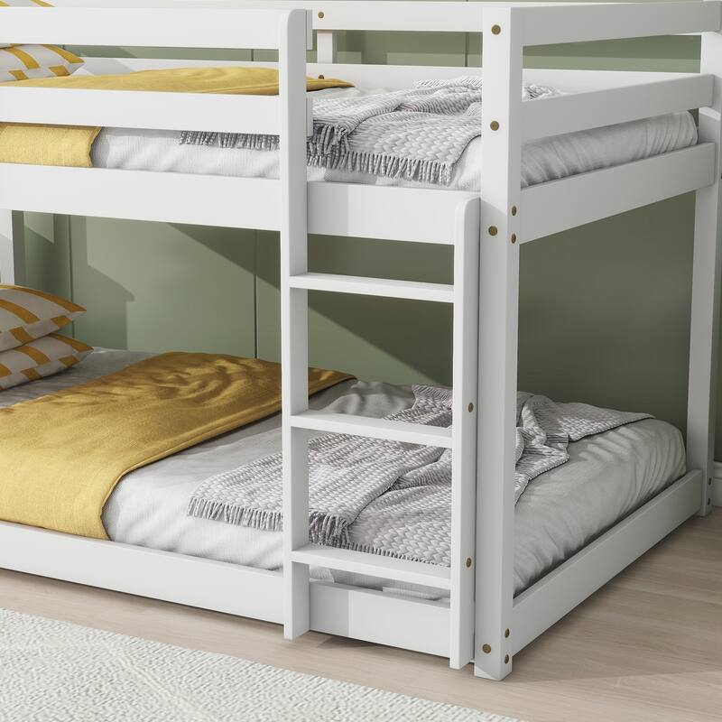 Wooden Twin over Twin Floor Bunk Bed with Ladder ,Upper and Bottom Bed Platforms