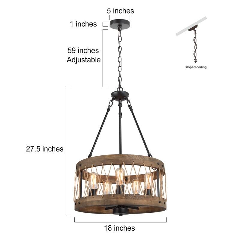 Farmhouse Wagon Wheel 5-light Drum Wooden Chandelier Island Lights - D18" * H27.5"