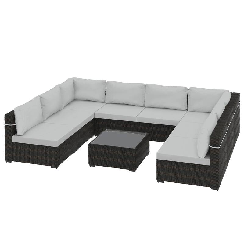 Patio Watcher Outdoor 8 Seater Rattan Sectional Set with Cusions and Coffe Table