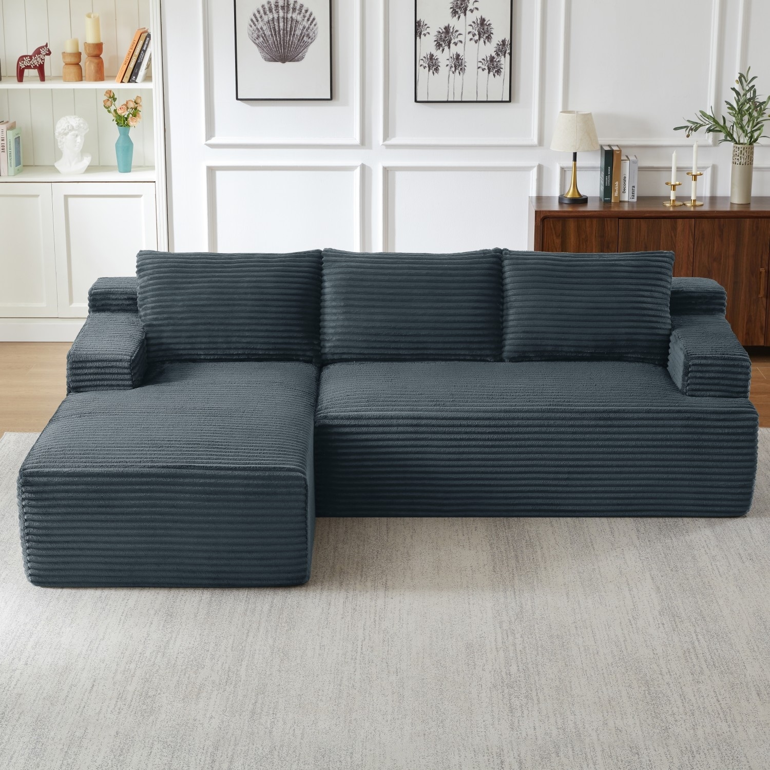 96" L-Shaped Corduroy Sectional Compression Sofa with Side Pockets