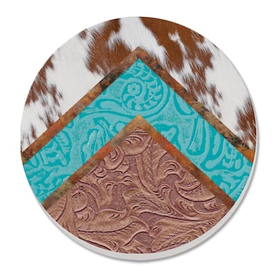 Cow Hide 4 Pack Absorbent Stone Coaster with Protective Cork Backing Made in The USA 4" Round, Easily Wipes Clean