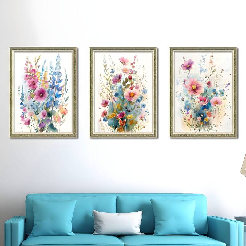 Set of 3 Colorful Floral Framed Wall Art - Replaceable Canvas Prints with Solid Wood Picture Frames - Green,Pink