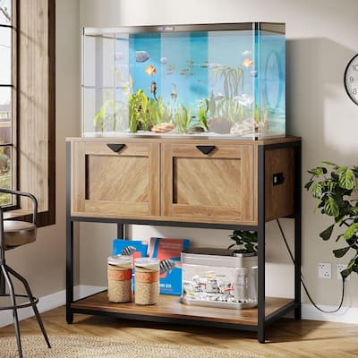 20-29-37 Gallon Fish Tank Stand with Power Outlets, Large Wood Aquarium Stand with Cabinet Storage