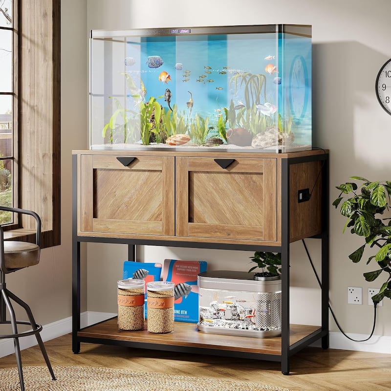 Large Wood Fish Tank Stand, 20-29-37 Gallon Aquarium Stand with Power Outlets & Cabinet Storage
