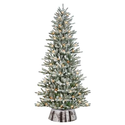 Puleo International 7.5' Pre-Lit Flocked Franklin Fir Artificial Christmas Tree with Matching Skirt