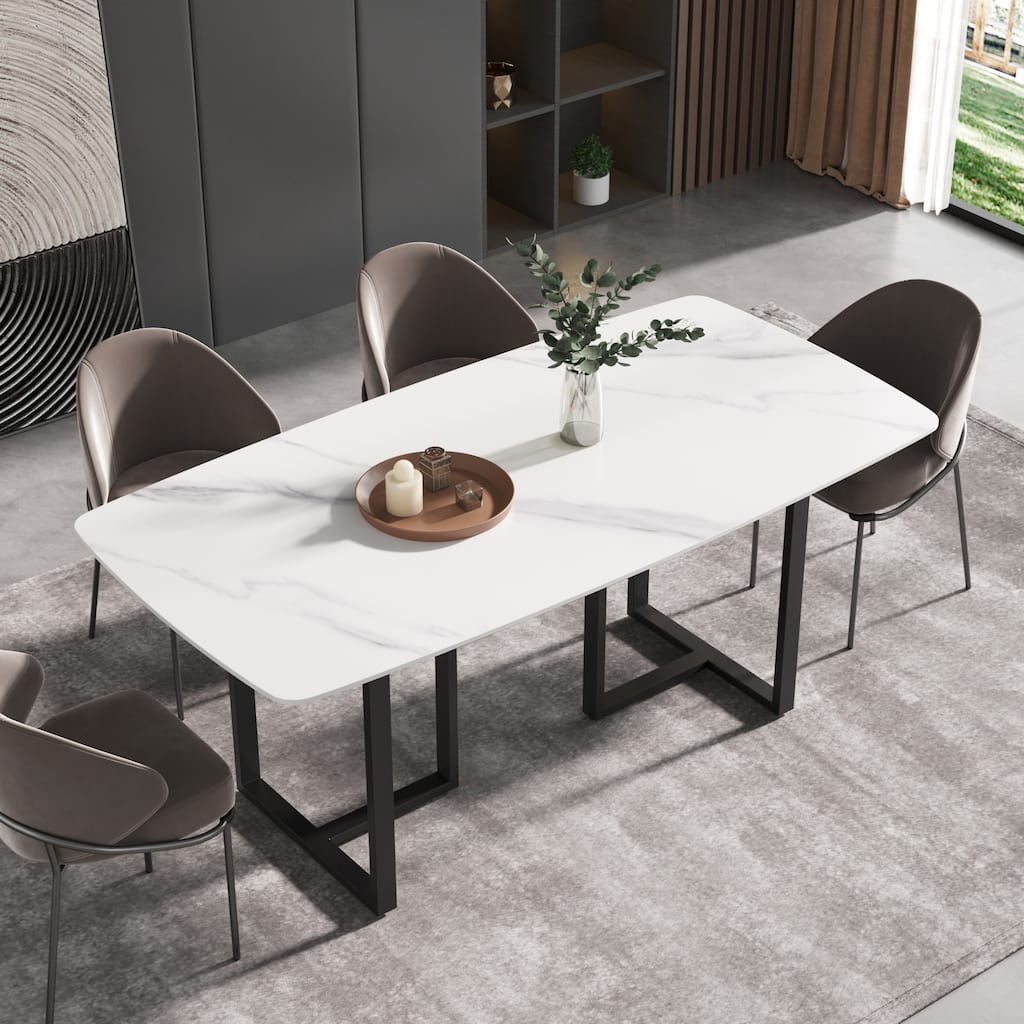 71" Marble table with Retangular Top and Black Carbon Steel legs for Kitchen dining Room