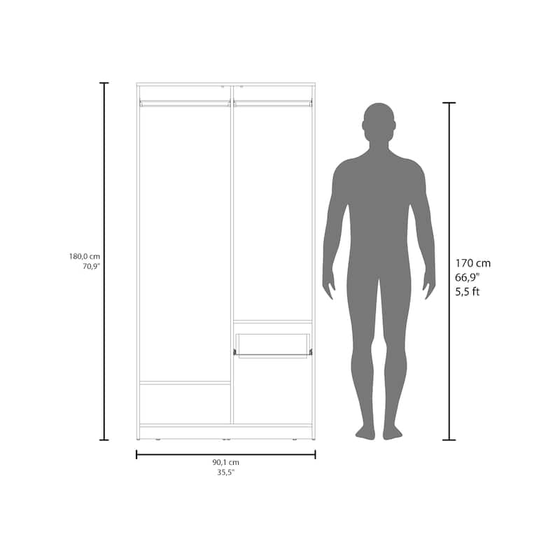 2-Door One Drawer Amoire With 2 Cabinets,Two Hanging Rods And Four Shelves In Matt Gray And Natural Oak