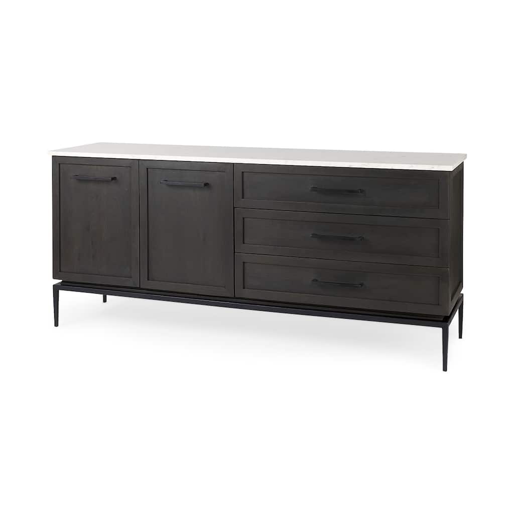 Divina Dark Brown Wood w/ White Marble Top and Black Metal Base Sideboard - 71.0L x 18.5W x 32.0H