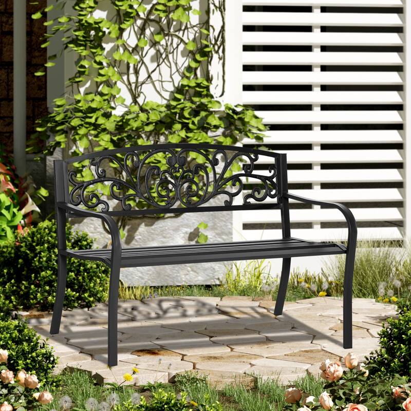 Elegant Leisure Bench Entryway Bench with Floral Decorated Backrest, Hallway Bench Porch Bench Patio Bench with Armrests