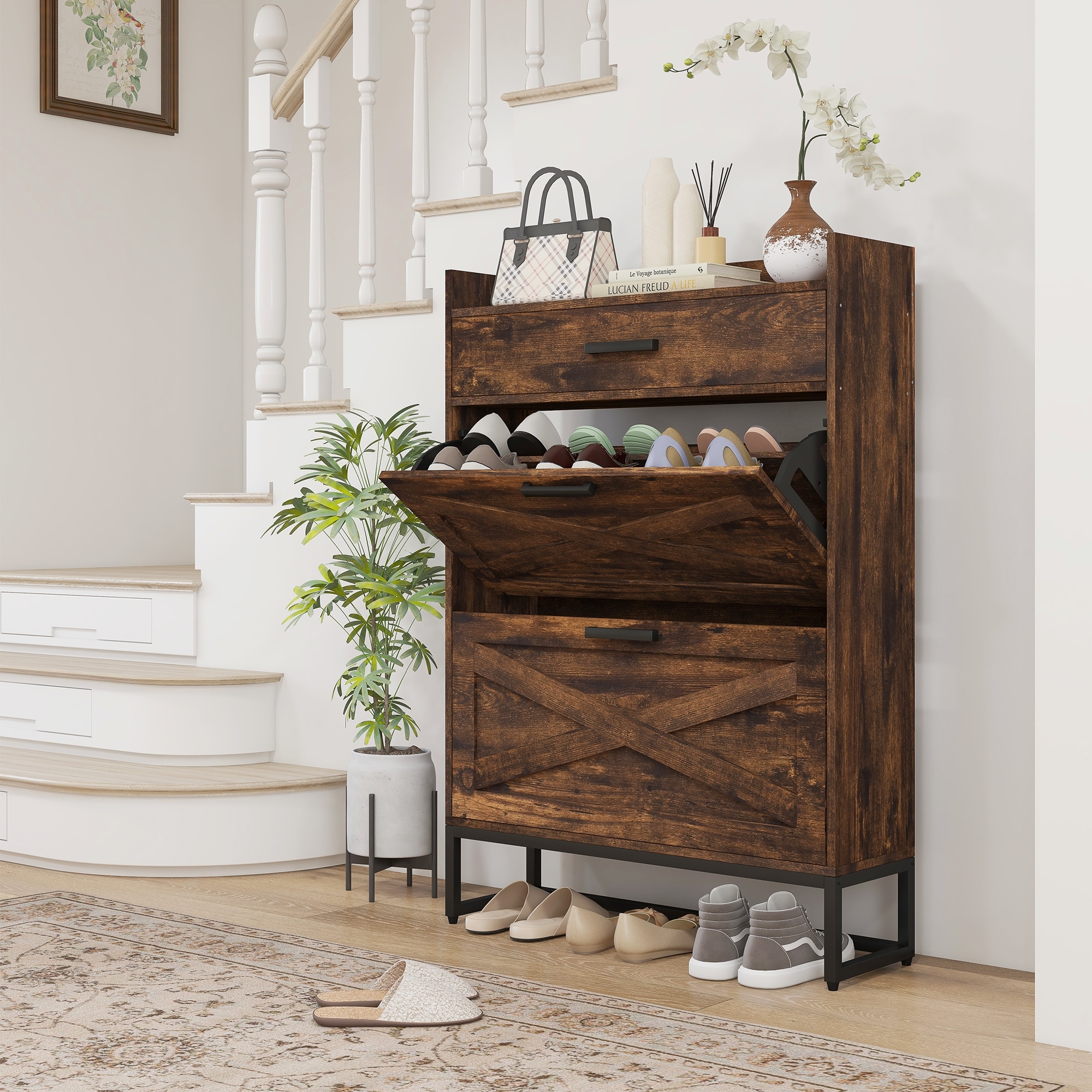 Narrow Shoe Cabinet With 2 Flip Doors And Top Drawer, Brown